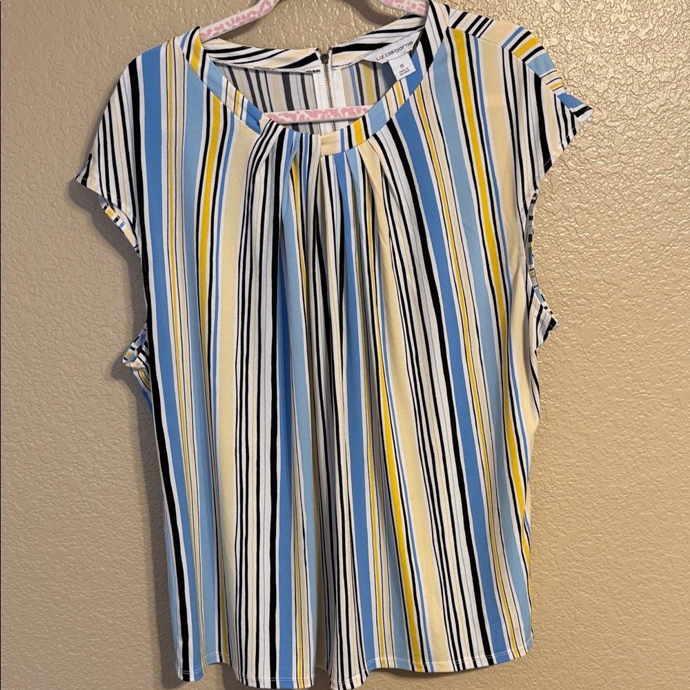 Liz Claiborne Striped Cap-Sleeve Blouse in Blue, Yellow, White & Black